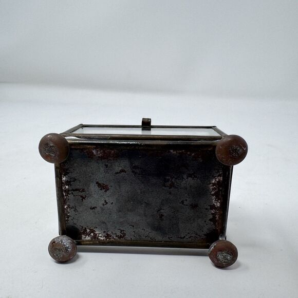 Vintage Etched Glass Brass Trinket Jewelry Box Ball Feet Sailboat Clipper Ship - Picture 6 of 6